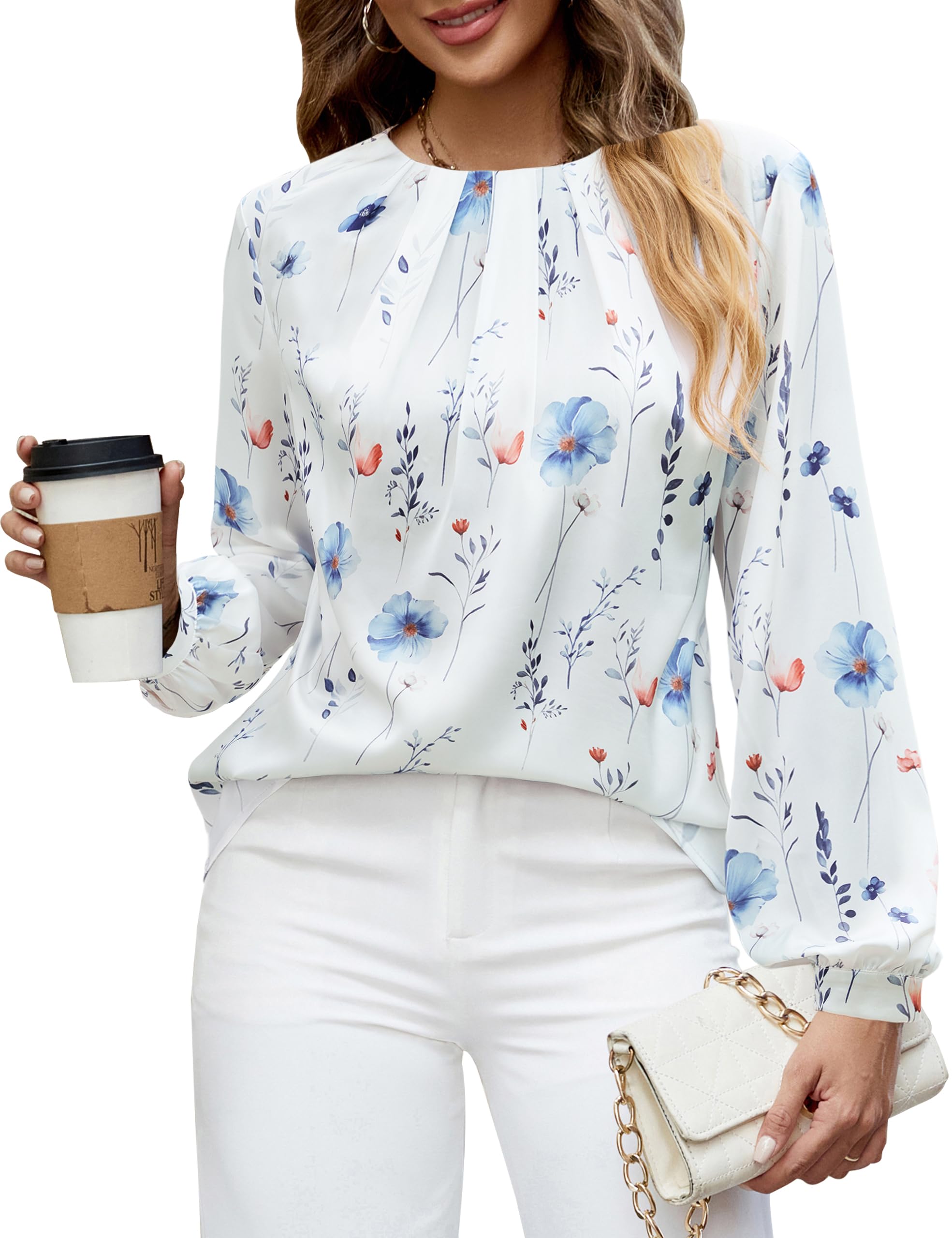Blooming Jelly Womens Dressy Business Casual Blouse Pleated Long Sleeve Tops Satin Silk Work Shirt Fall Outfits 2025 (White Flor