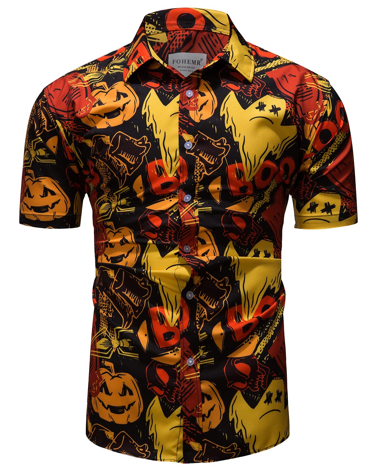 fohemr Mens Halloween Shirt Ugly Pumpkin Print Casual Shorts Sleeve Button Up Shirts Hawaiian Adult Party Costume Ghost Printed 