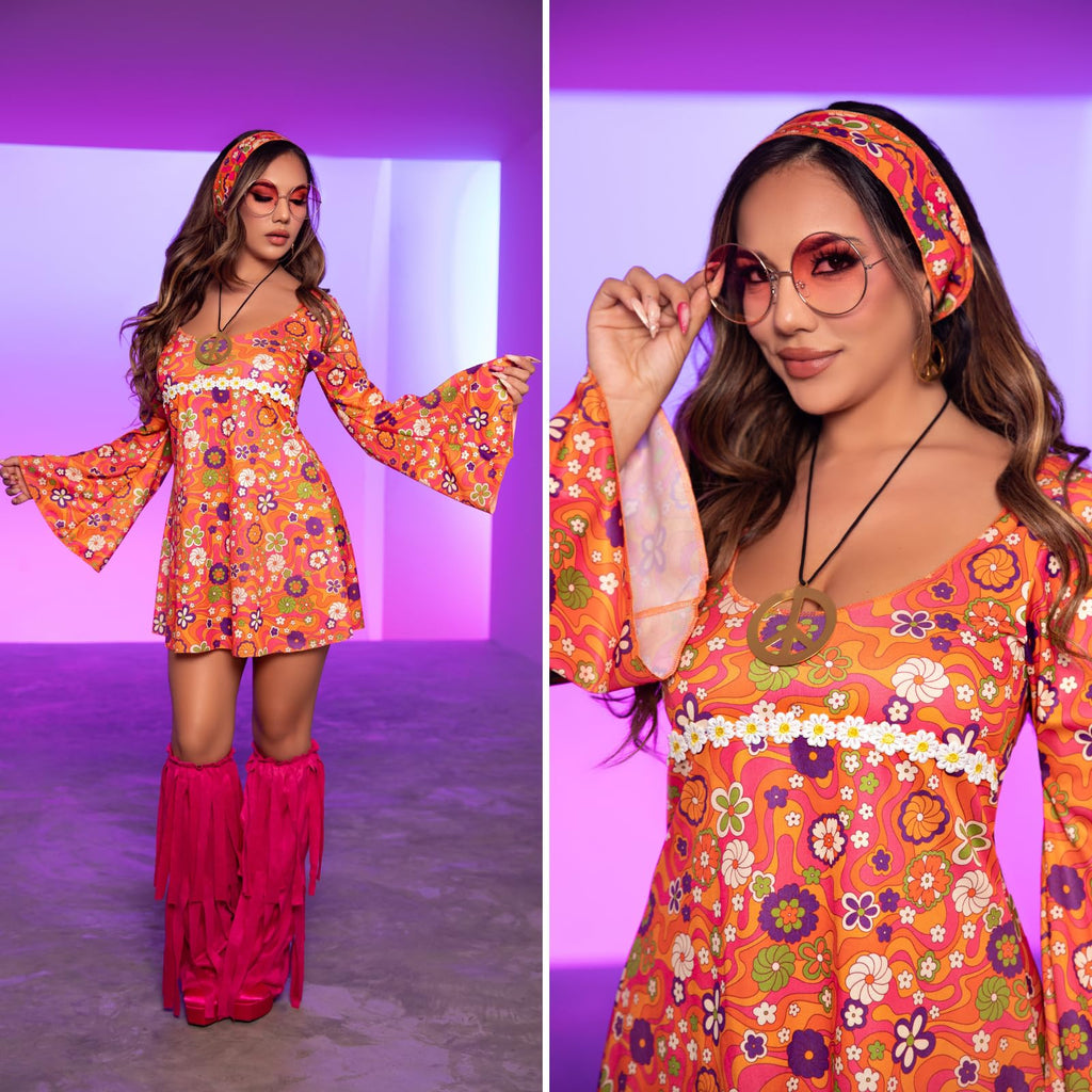 6 PC Hippie Chick, includes bell sleeve empire waist dress, head scarf, fringe leg warmers, peace sign necklace, earrings, and s