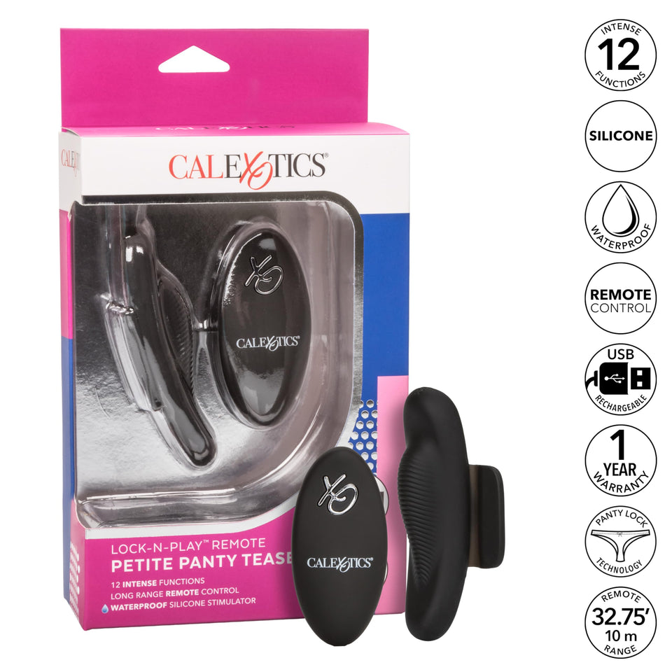 Calexotics Lock-N-Play Remote Petite Panty Teaser, Rechargeable 12-Function Waterproof Silicone Clitoral Vibrator Securely Attac