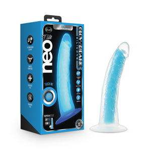 Blush Neo Elite Glow in The Dark 75 Inch Silicone Dual Density Cock with Suction Cup  Sex Toy for Women  Neon Blue