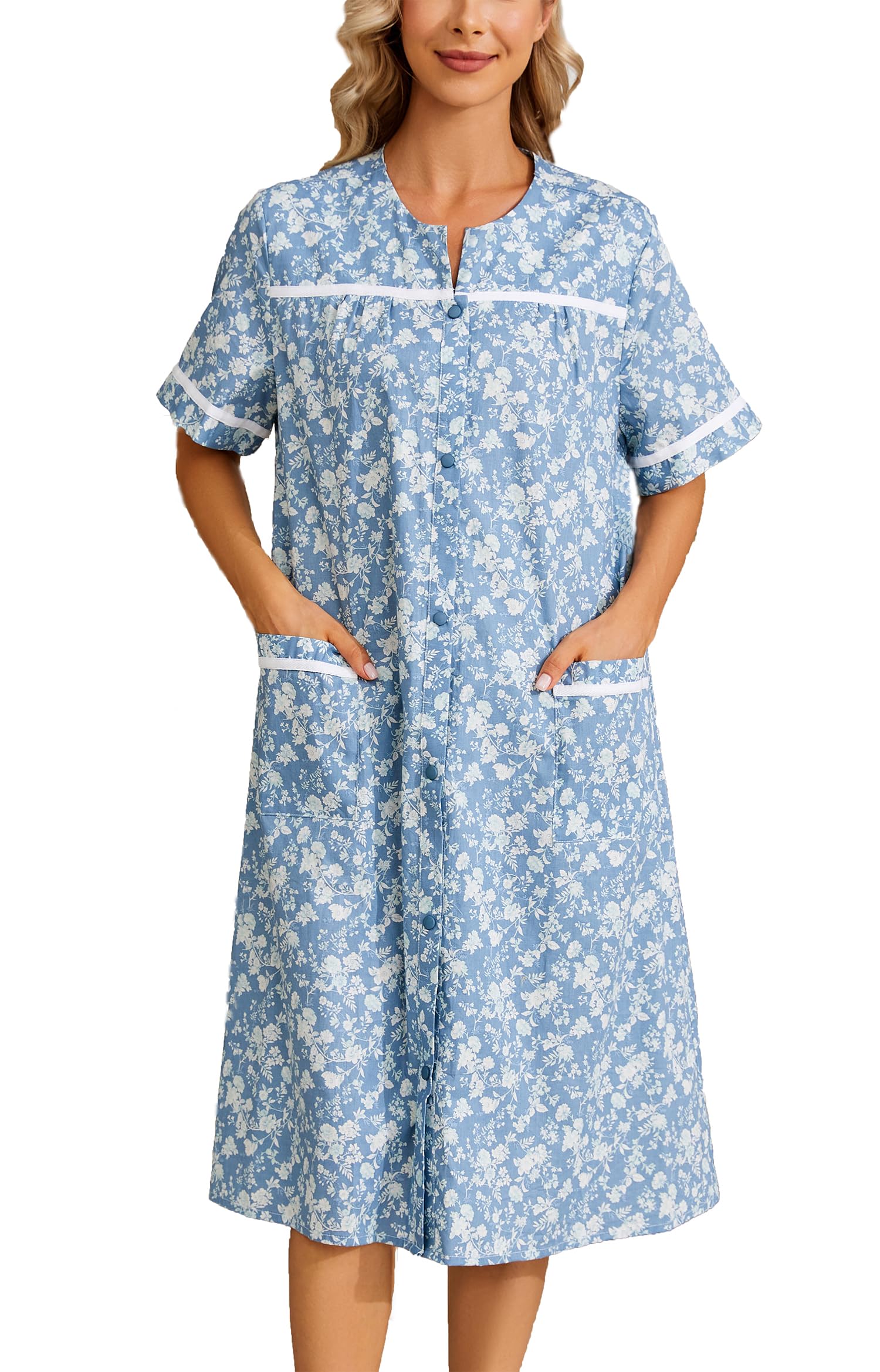 YOZLY House Dress Womens Cotton Housecoat Short Sleeve Duster Robe with Pockets Flower Blue, XX-Large