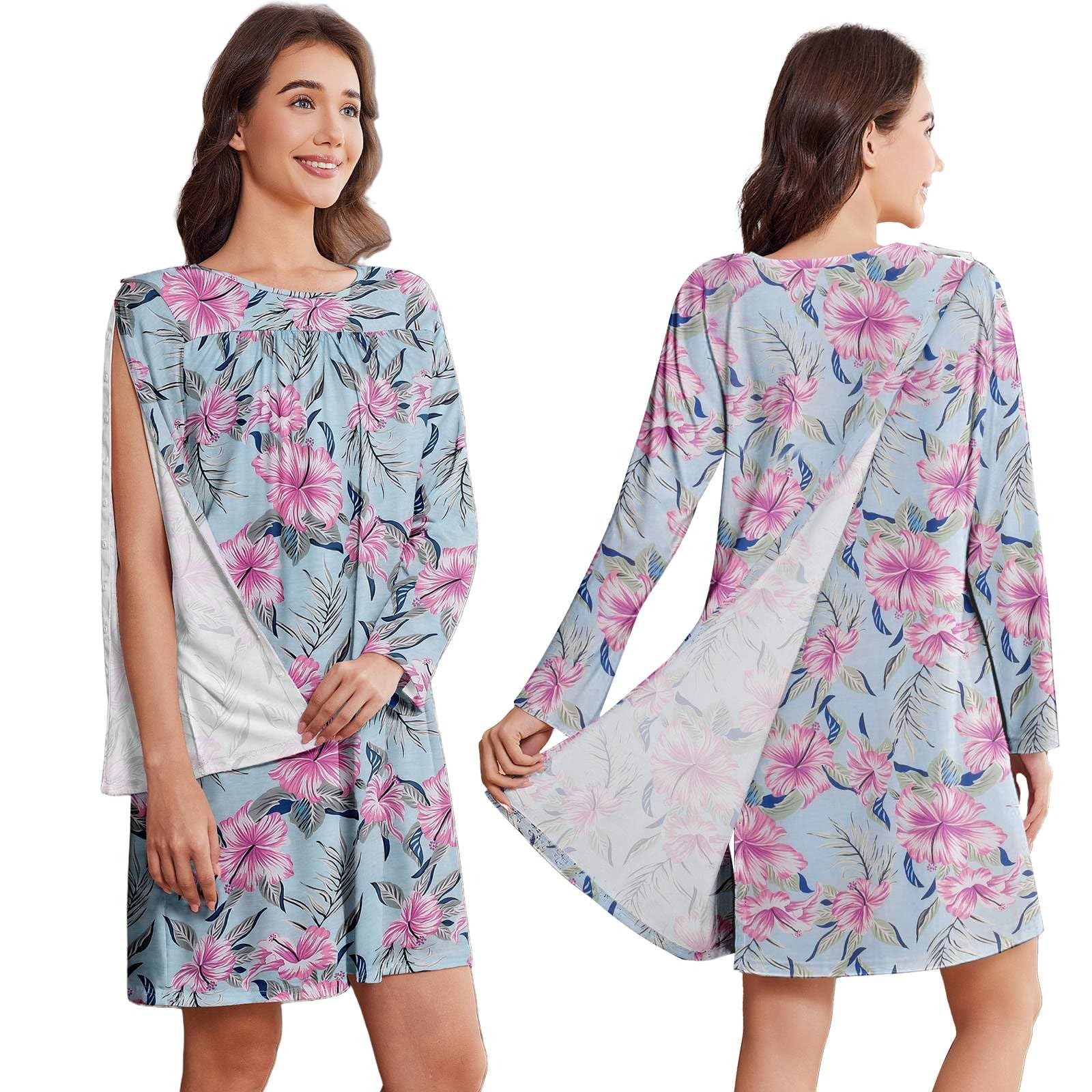 Deyeek Hospital Gowns for Elderly Women Adaptive nightgowns Fully Tear Away Long Sleeve Hospital Gown for Bedridden Women