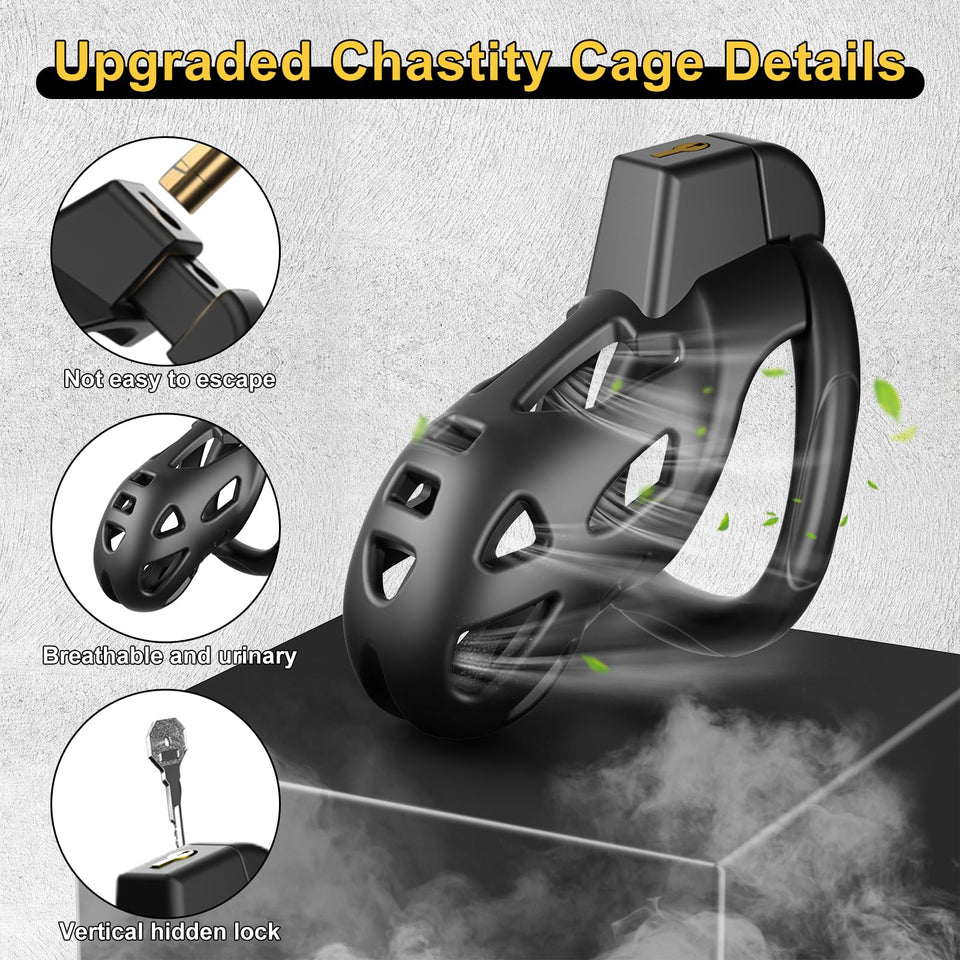 Male Chastity Devices Cock Cage - Large Chastity Cage Built-in Vertical Invisible Lock Chastity Device with 3 Size Base Rings&2