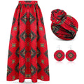 3 Pcs Women African Skirt Printed Maxi Skirt Long Skirts with Pockets Boho Casual Dress Head Wrap Scarf Drop Dangle Earrings (Me