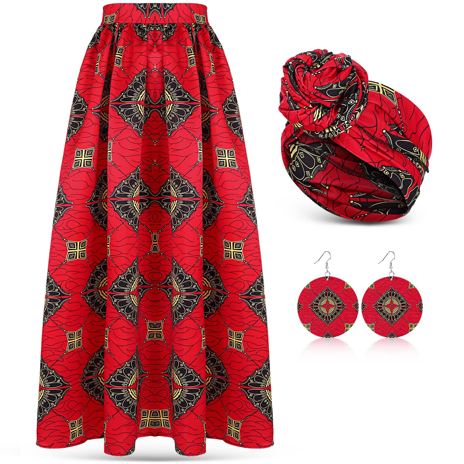 3 Pcs Women African Skirt Printed Maxi Skirt Long Skirts with Pockets Boho Casual Dress Head Wrap Scarf Drop Dangle Earrings (Me