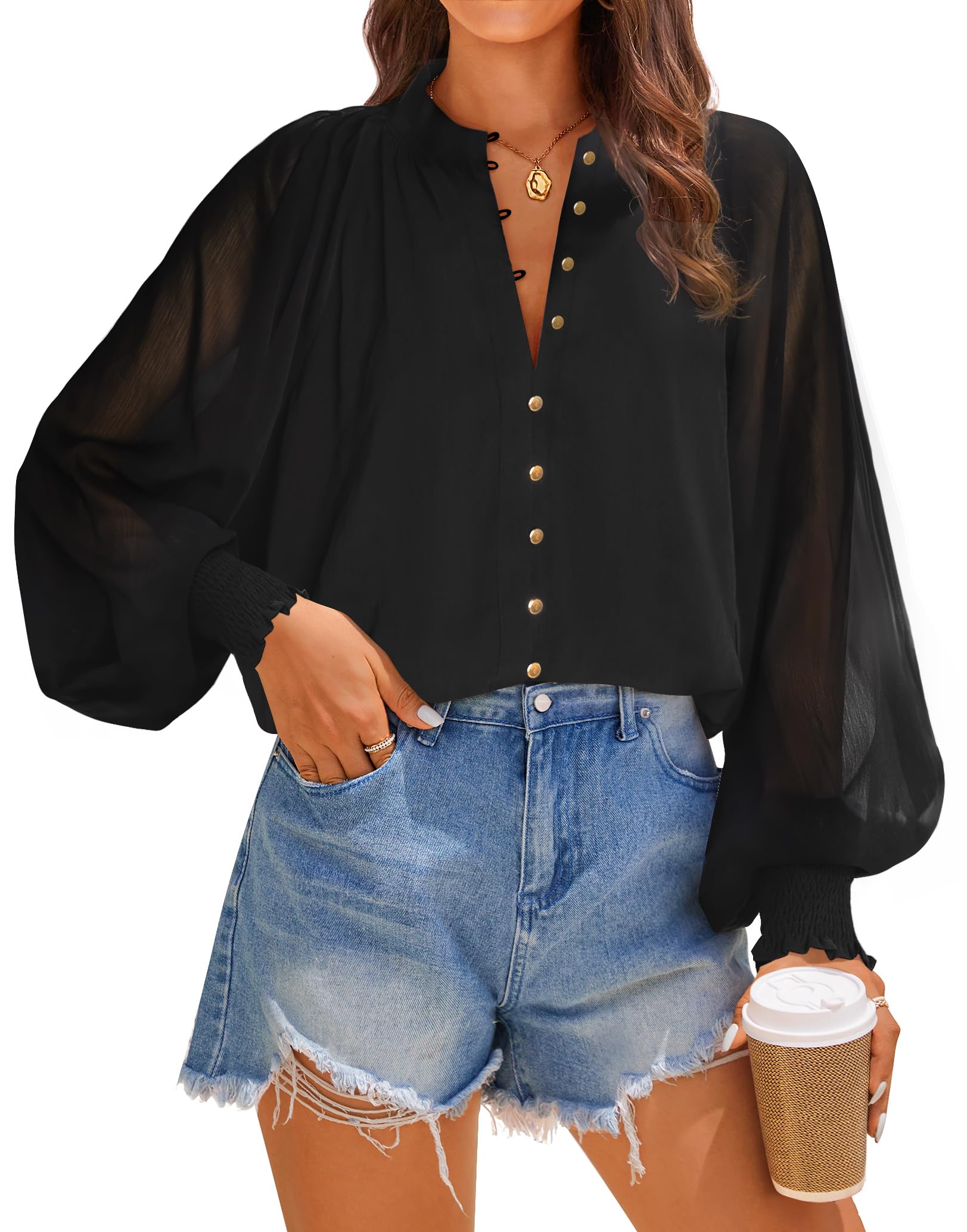 ZESICA Womens Floral Print Blouse 2026 Long Sleeve Button Down Casual Fall Boho Oversized Tops Shirts,Black,X-Large