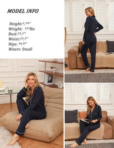 Pjmlifecoco Pajamas Set Long Sleeve Womens Button Down Sleepwear Two Piece Nightwear Soft Pj Lounge Sets Black