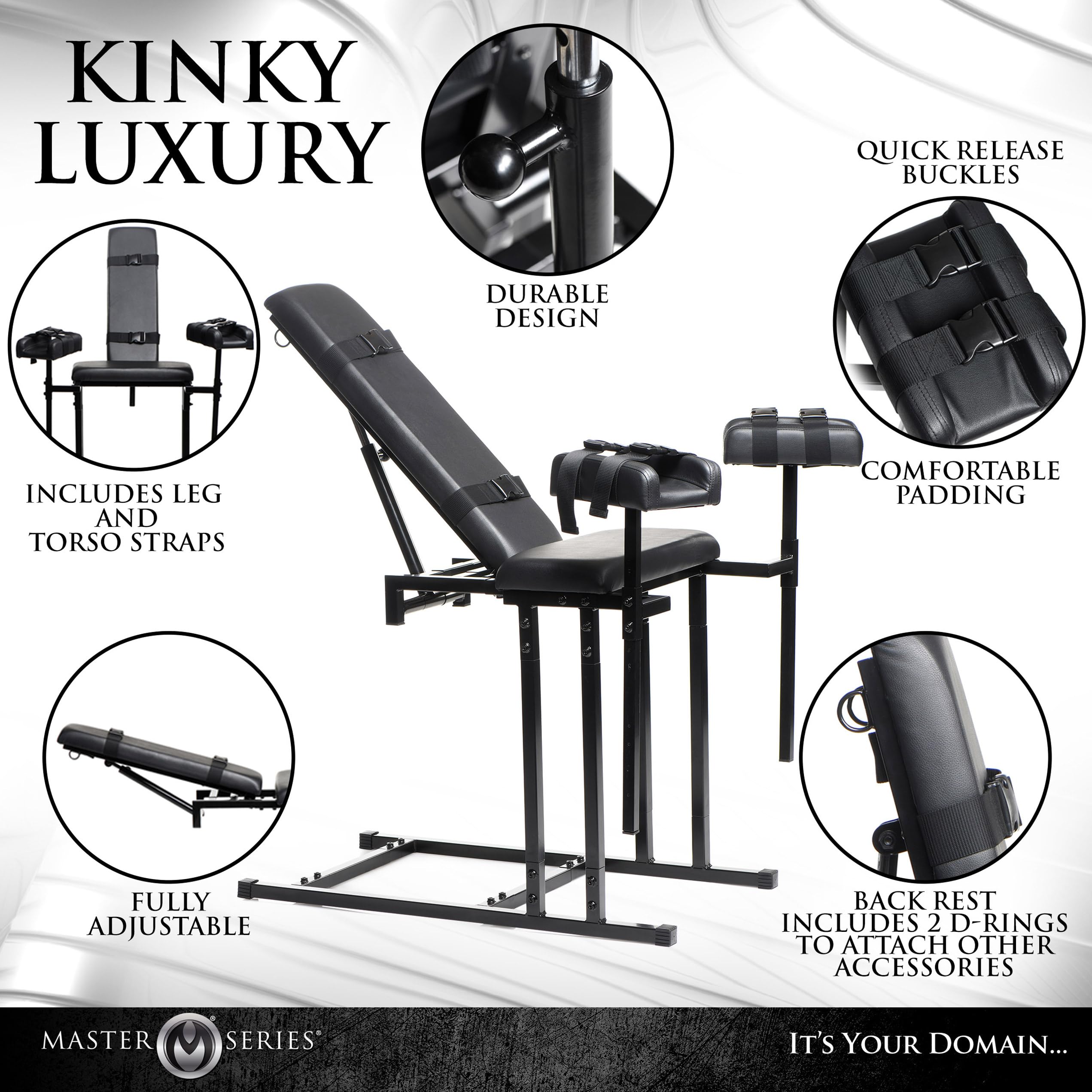 Master Series Adjustable Bondage Chair Sex Bench With Restraint Easy-Snap Straps. Bdsm Bench Kit For Men, Women And Adult Couple