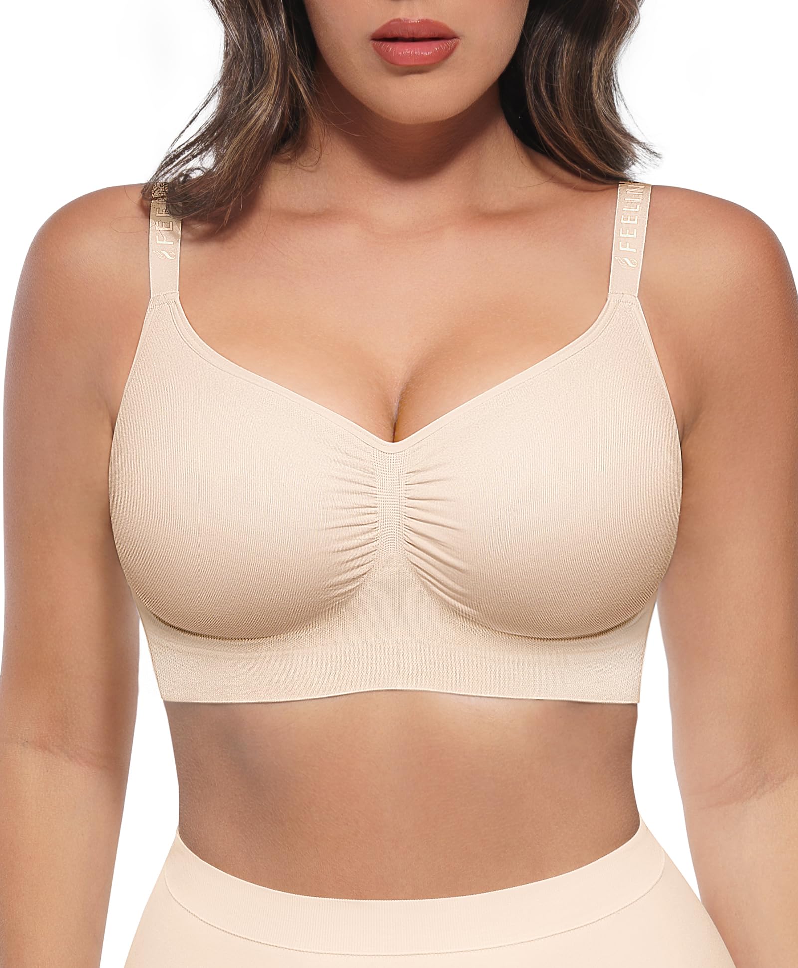 FeelinGirl Womens Wirefree Everyday Bras Comfortable Bralette Beige 3X-Large