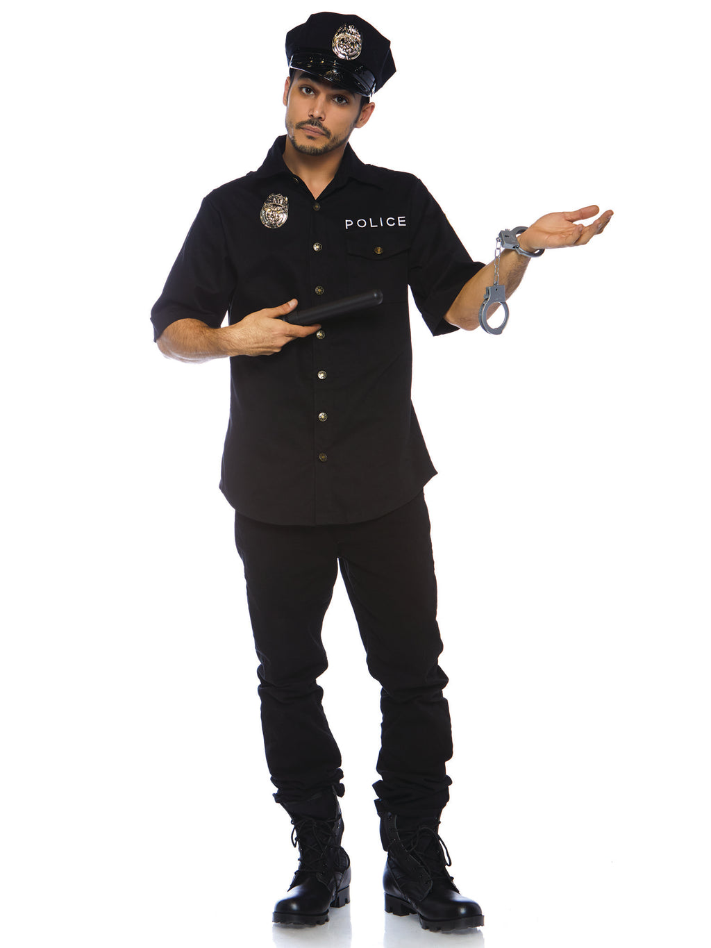 Men's 4 PC Cuff Em' Cop Costume, Includes Button Front Shirt, Hat, Baton, and Toy Handcuffs