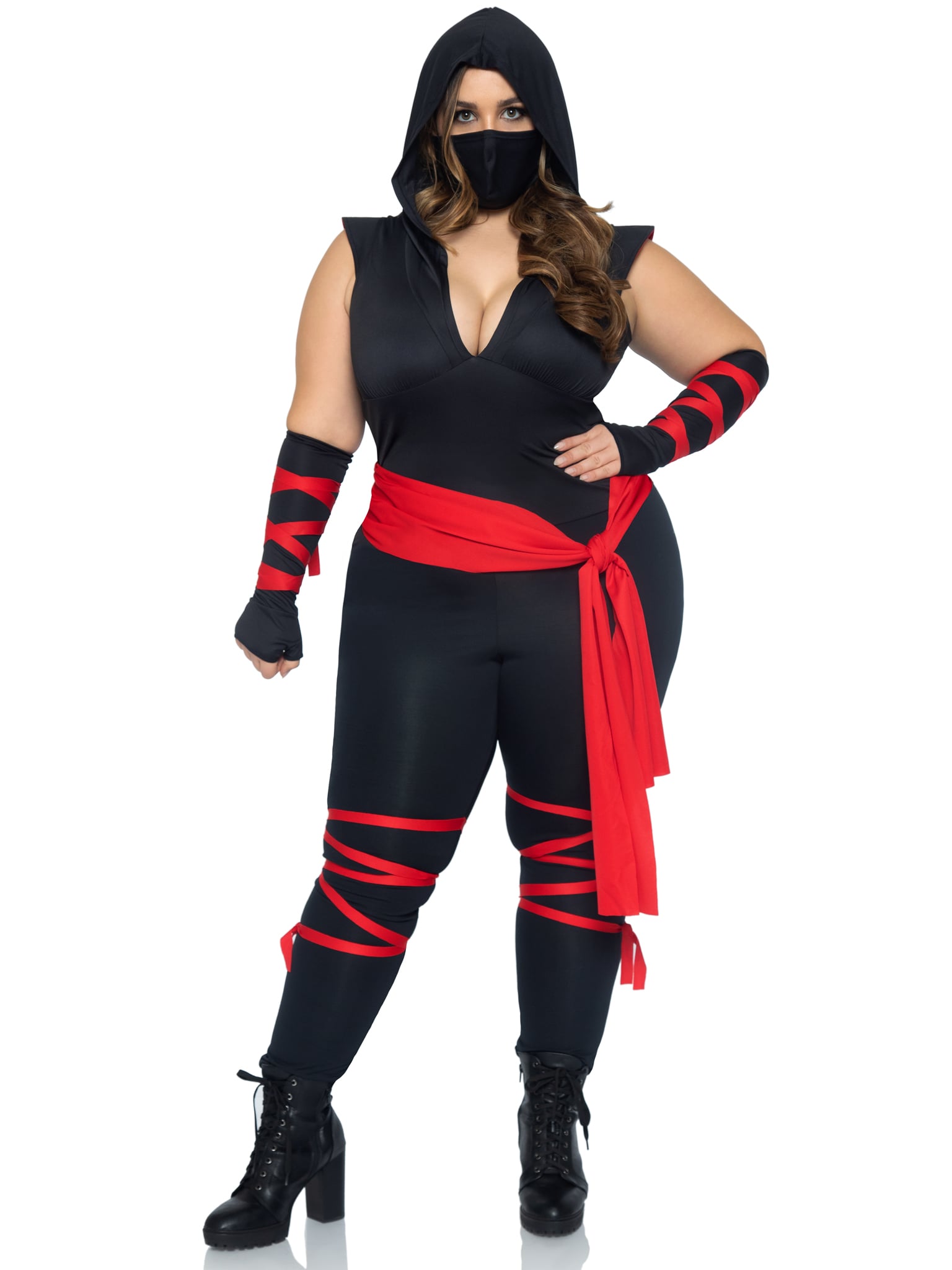 Plus Size 4 PC Deadly Ninja Costume, Includes Deep-V Jumpsuit with Shoulder Guards, Waist Sash, Arm Warmers with Attached Wraps,