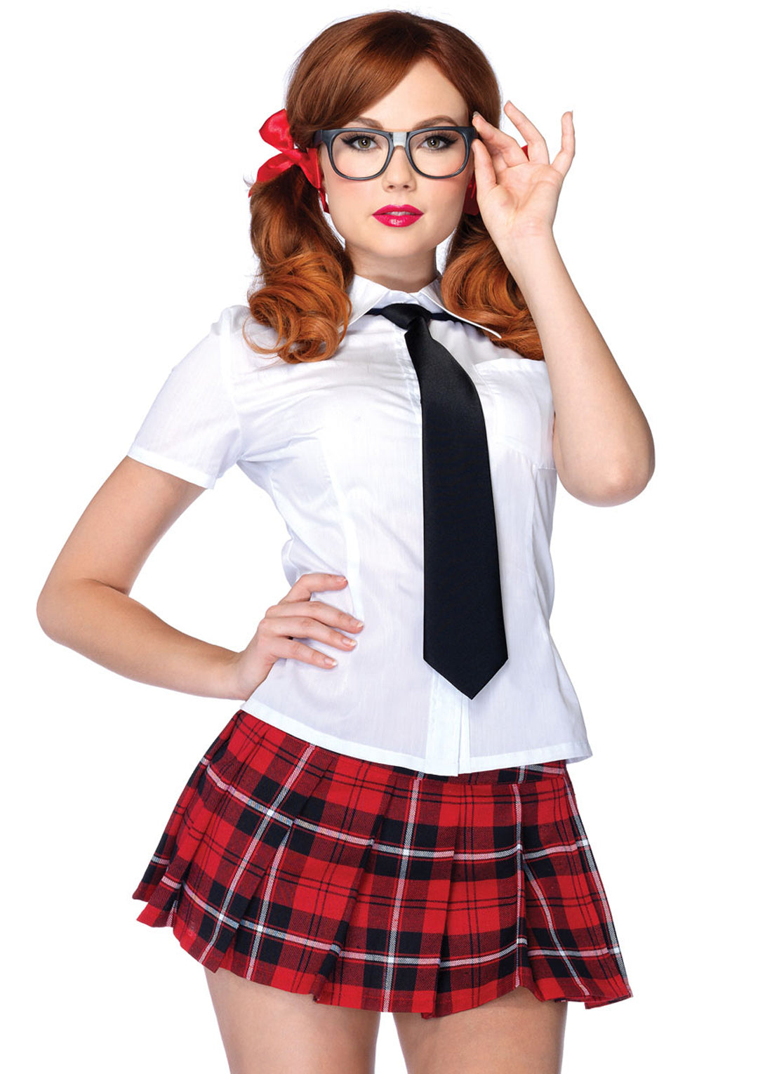 4PC.Private School Sweetie shirt pleated skirt neck piece faux frame MEDIUM WHITE/RED