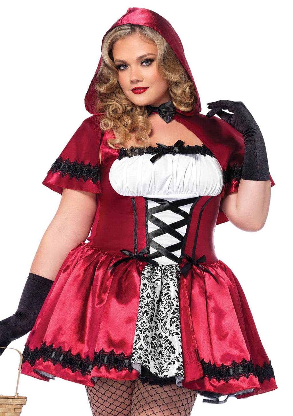 Plus Size 2 PC Gothic Red Riding Hood Costume, Includes Satin and Brocade Peasant Dress with Woven Ribbon Venice Lace Trim and H