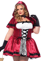 Plus Size 2 PC Gothic Red Riding Hood Costume, Includes Satin and Brocade Peasant Dress with Woven Ribbon Venice Lace Trim and H