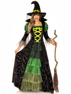 3 PC.Storybook Witch,dress with tiered glitter tulle,hat w/veil and long petticoat MED/LGE BLACK/GREEN