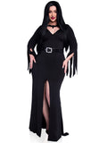 3 PC Immortal Mistress, includes deep-V body hugging dress with classic tentacle hem and tattered sleeves, sequin belt, and glit