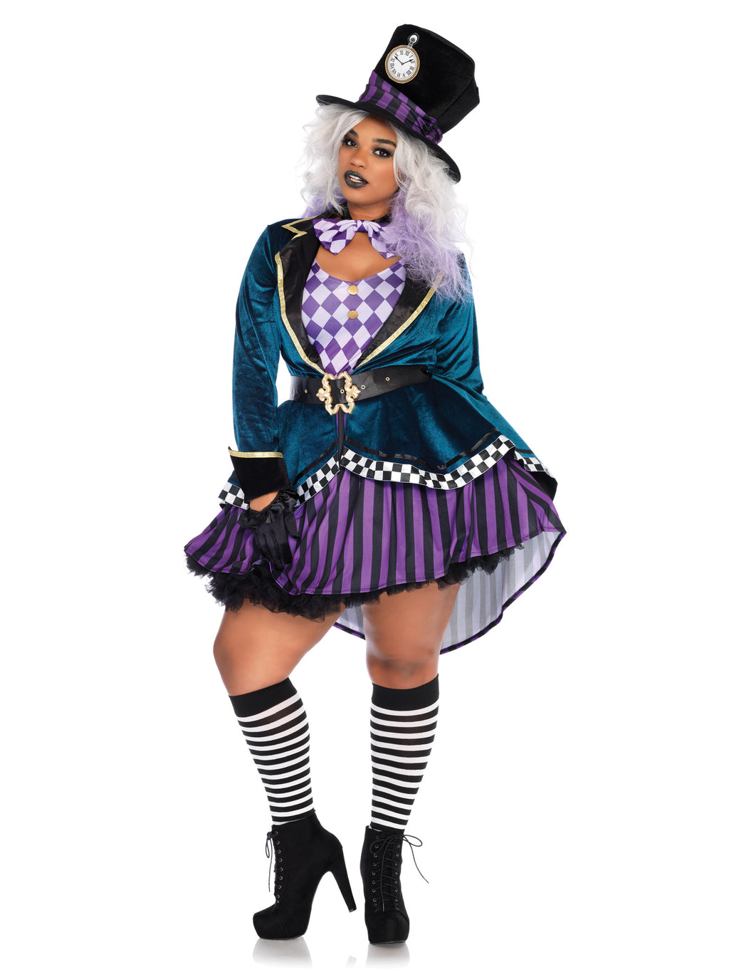 Plus Size 4 PC Delightful Hatter Costume, Includes Velvet High/Low Coat Dress with Checkerboard Trim, Belt with Ornate Buckle, B
