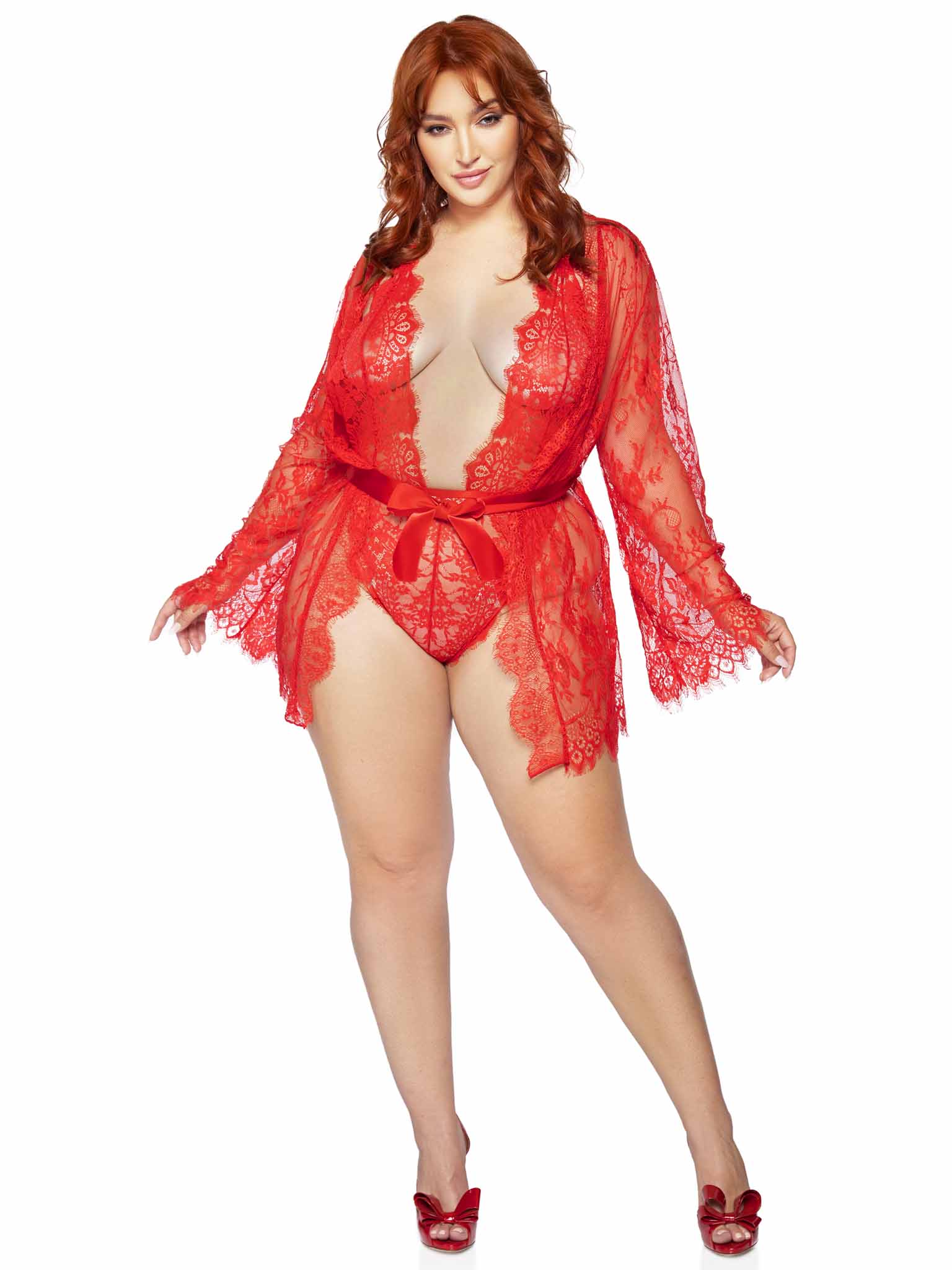 3 PC Floral lace teddy with adjustable straps and cheeky thong back, matching lace robe with scalloped trim, and satin tie.