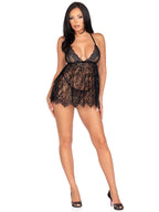 2 PC Floral lace babydoll with eyelash lace scalloped hem, adjustable cross-over straps, and g-string panty.