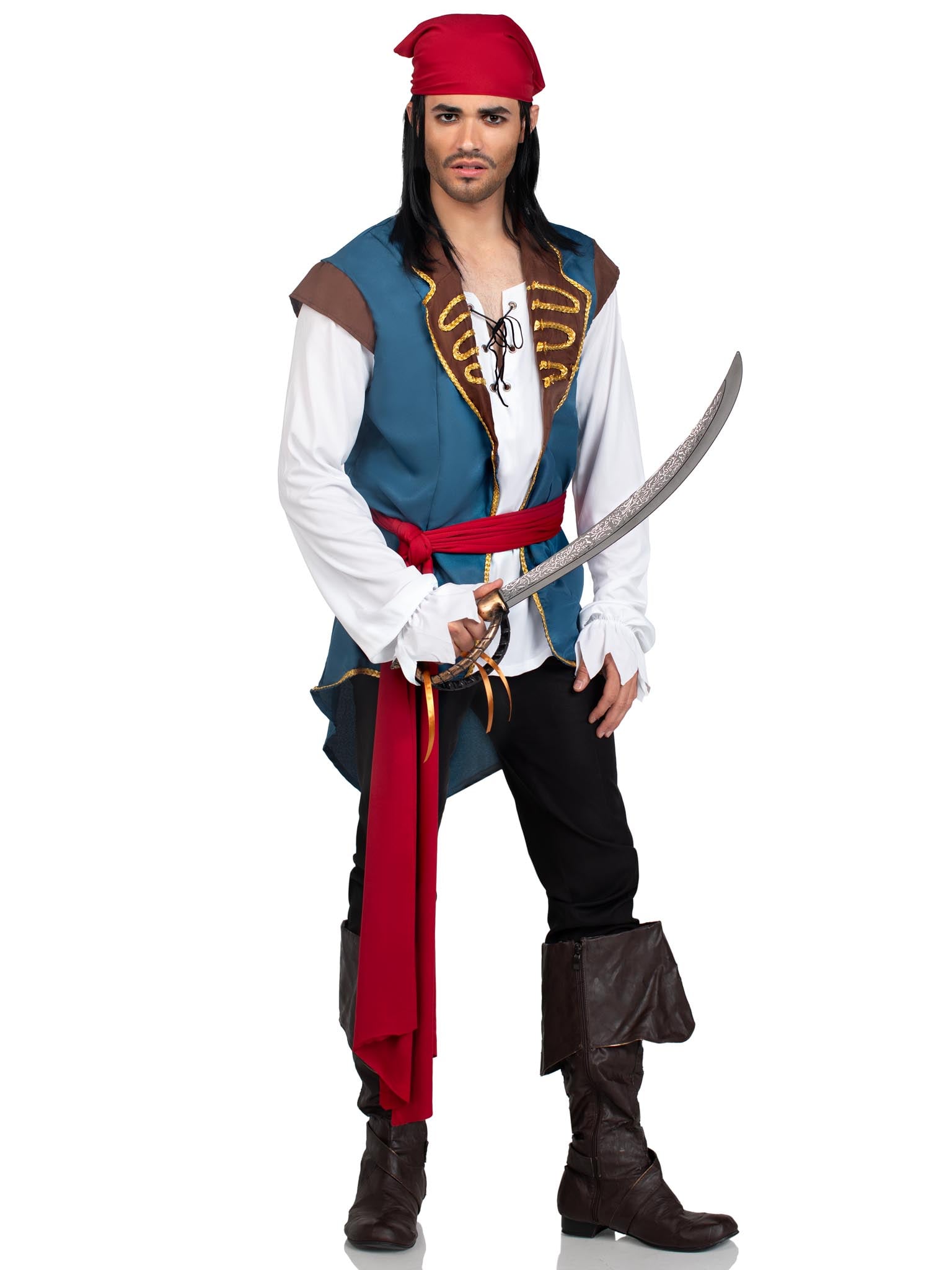 Men's 3 PC Pirate Scoundrel Costume, Includes Gold Trimmed Lace Up Shirt/Vest Combo, Waist Sash, and Head Scarf