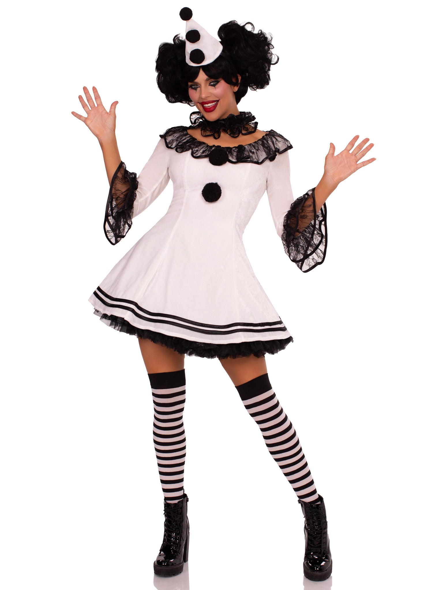 3PC.Pierrot Clown,lace trimmed velvet dress w/pom pom,ruffle neck piece and hat