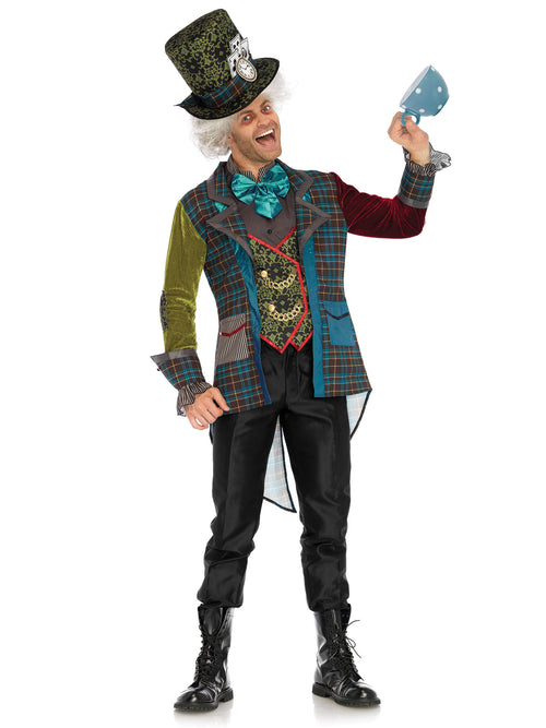 3PC.Deluxe Mad Hatter,includes multi print jacket,neck tie dickie and top hat