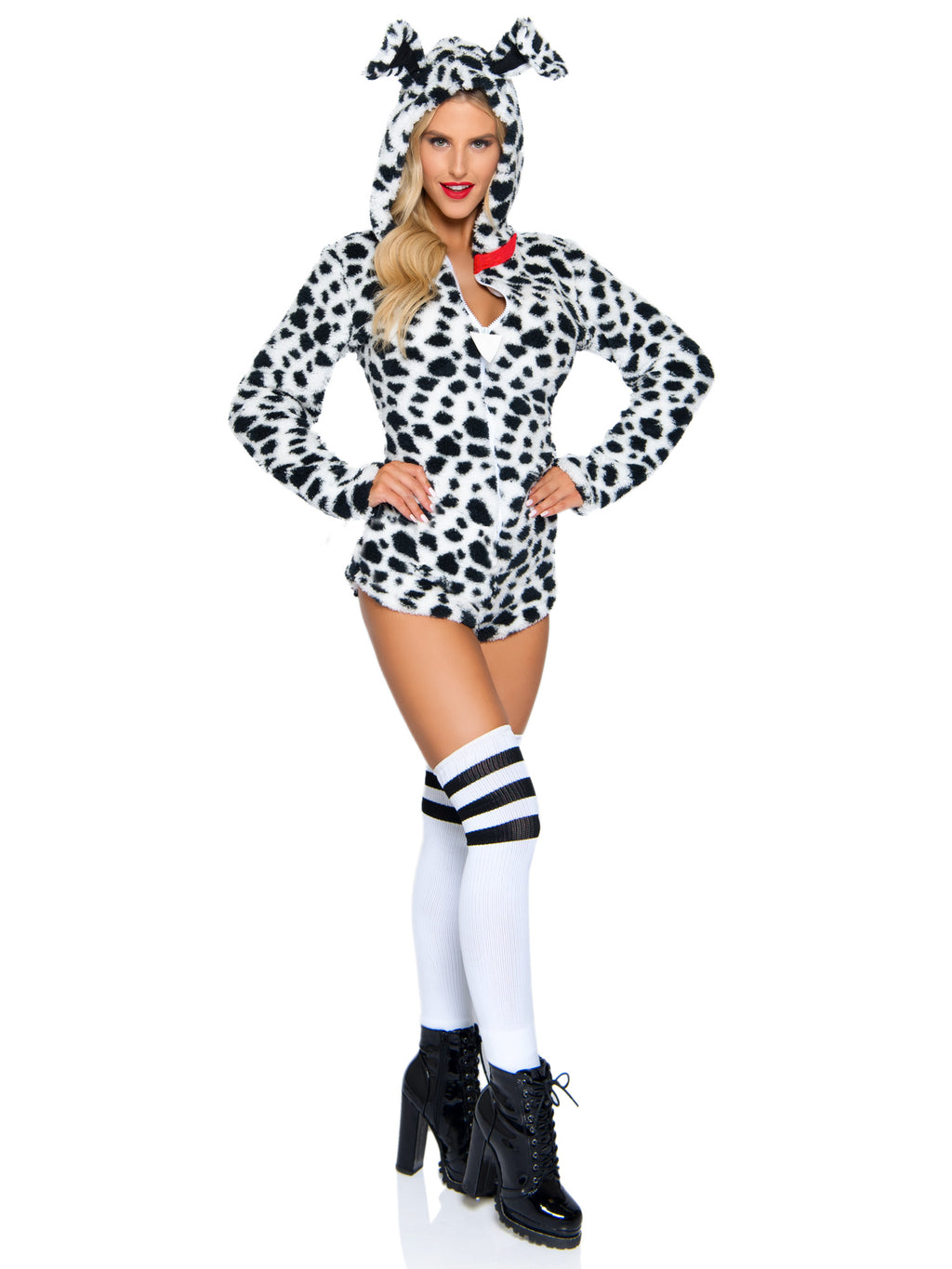 Darling Dalmatian, features ultra soft plush zip up bodysuit with collar accent, ear bood, and attached tail.