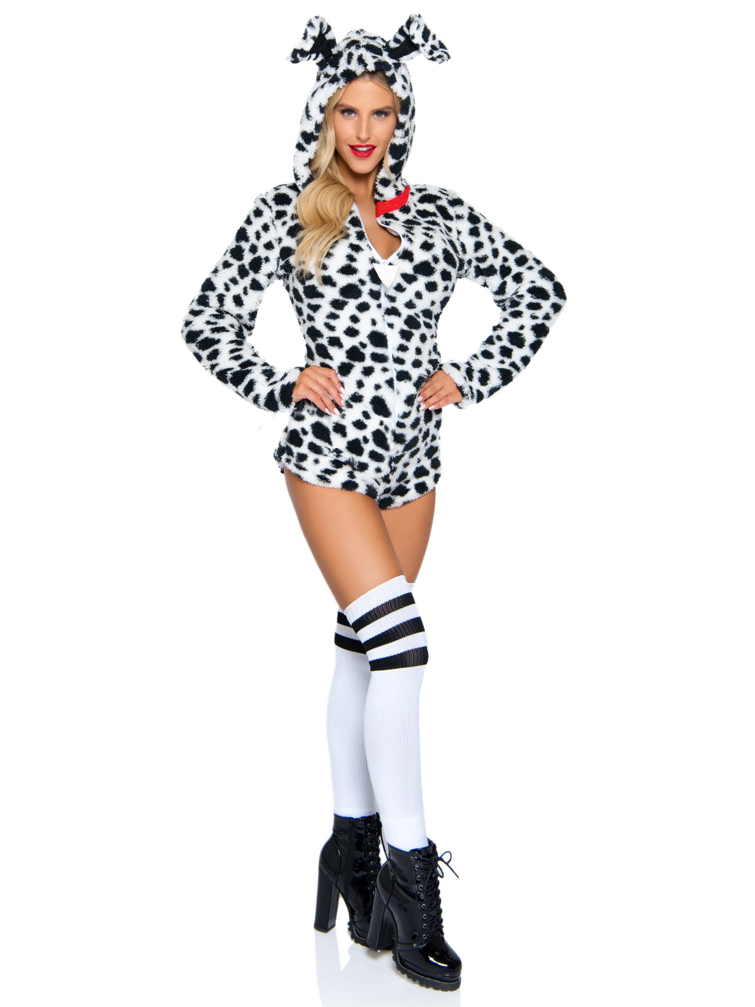 Darling Dalmatian, features ultra soft plush zip up bodysuit with collar accent, ear bood, and attached tail.