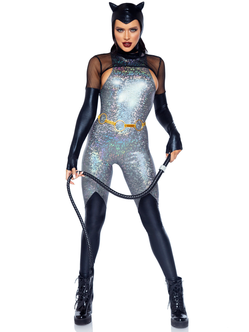 4 PC Feline Felon, includes holographic catsuit with boot detail, fishnet gloved shrug, cat ear skull cap, and belt.