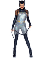 4 PC Feline Felon, includes holographic catsuit with boot detail, fishnet gloved shrug, cat ear skull cap, and belt.