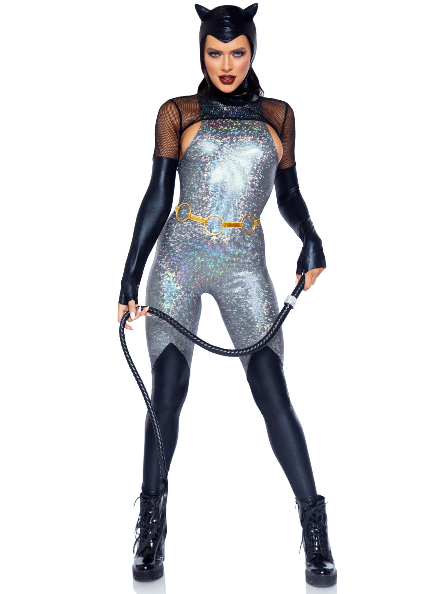 4 PC Feline Felon, includes holographic catsuit with boot detail, fishnet gloved shrug, cat ear skull cap, and belt.