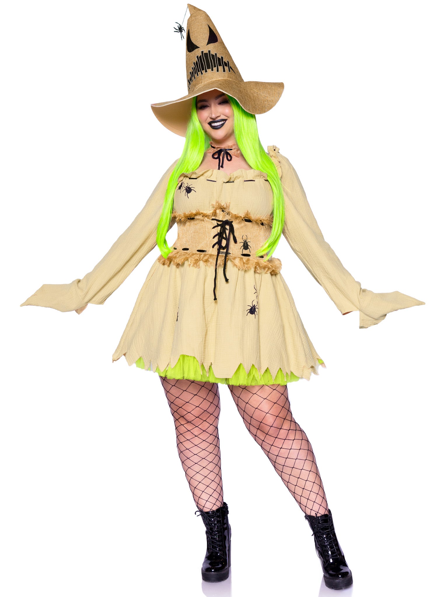 3 PC Bugged Out Baddie, includes dress with waist cincher detail and gloved sleeve, choker, and hat with spider accent.