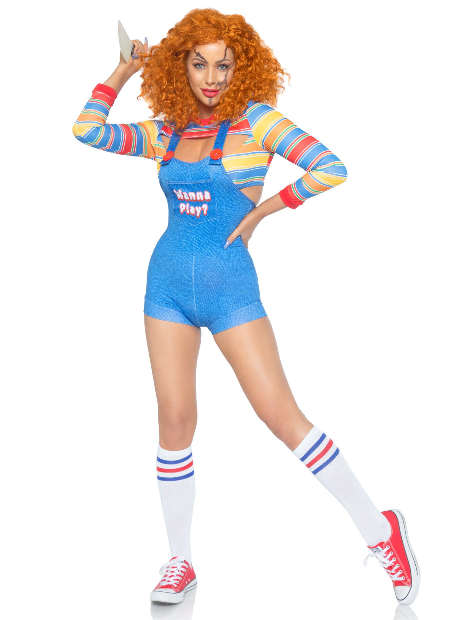 2 PC Demon Doll, includes striped crop top and denim-look romper overalls.