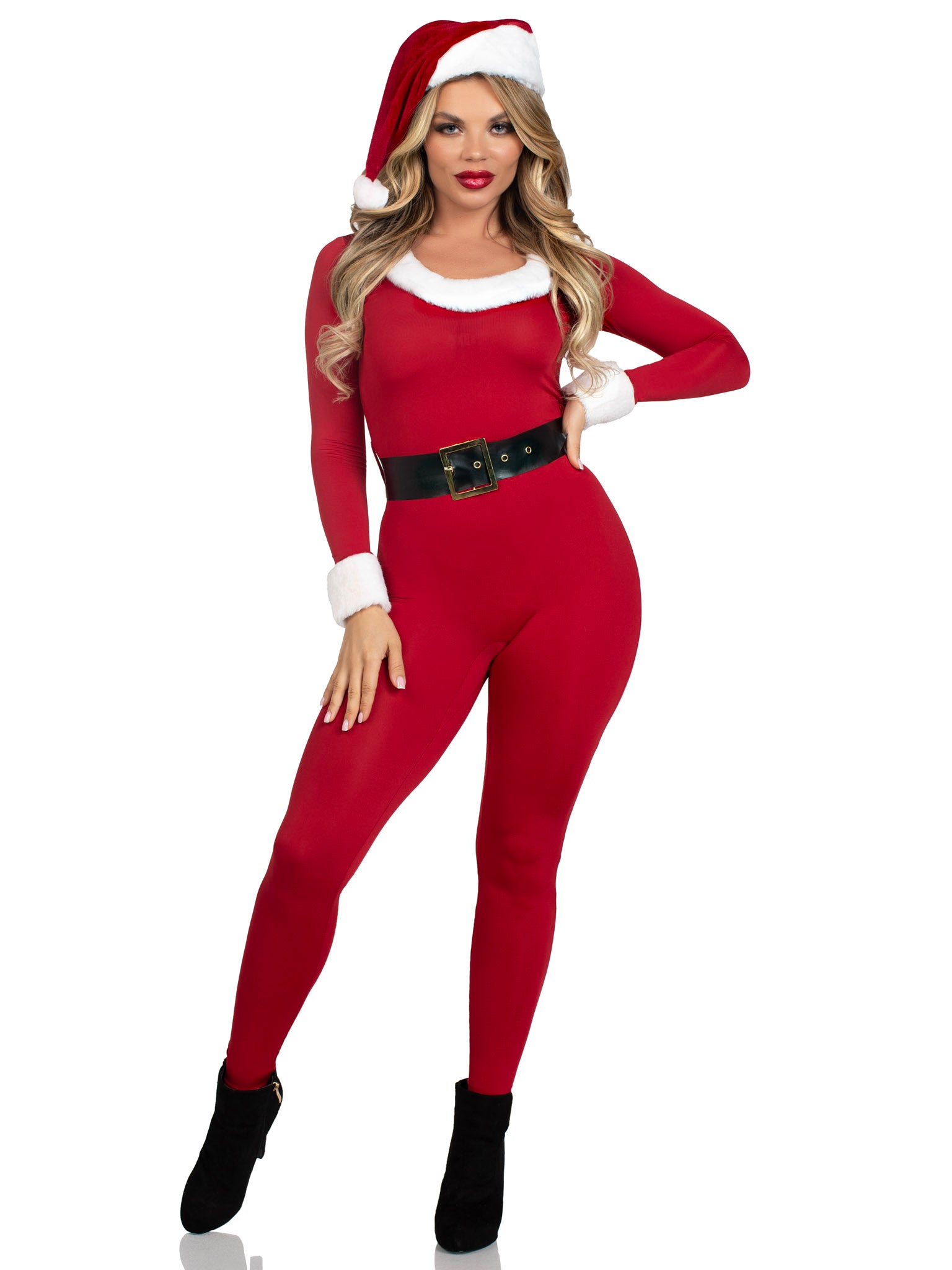 3 PC Santa Baby, includes spandex jumpsuit with fur trim, belt, and Santa hat.