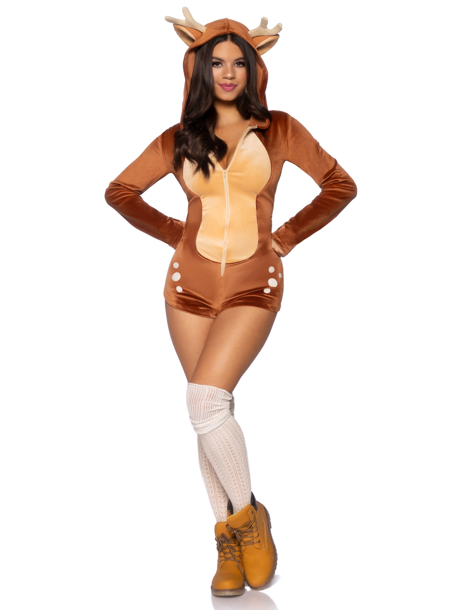 Comfy Fawn, features ultra-soft velvet plush zip up romper with spotted detail, antler and ear hood, and cheeky paneled booty wi