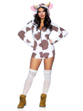 Comfy Cow, features ultra-soft velvet plush zip up romper with cow bell zipper pull, horn and ear hood, and fur-tipped tail.