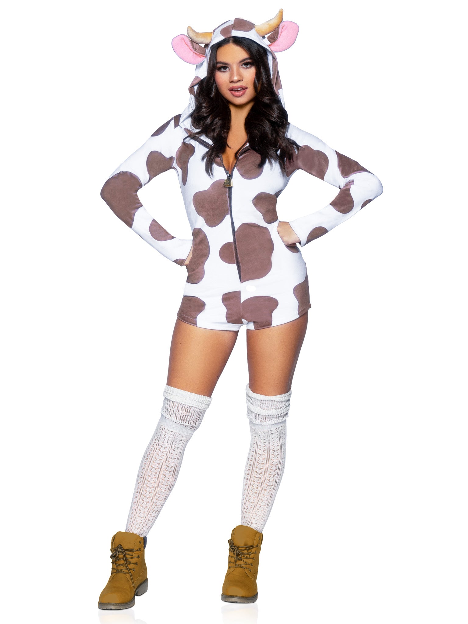 Comfy Cow, features ultra-soft velvet plush zip up romper with cow bell zipper pull, horn and ear hood, and fur-tipped tail.