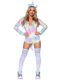 Comfy Unicorn, features ultra-soft velvet plush zip up rainbow tie-dye romper with horn hood, furry main and tail, and magical m