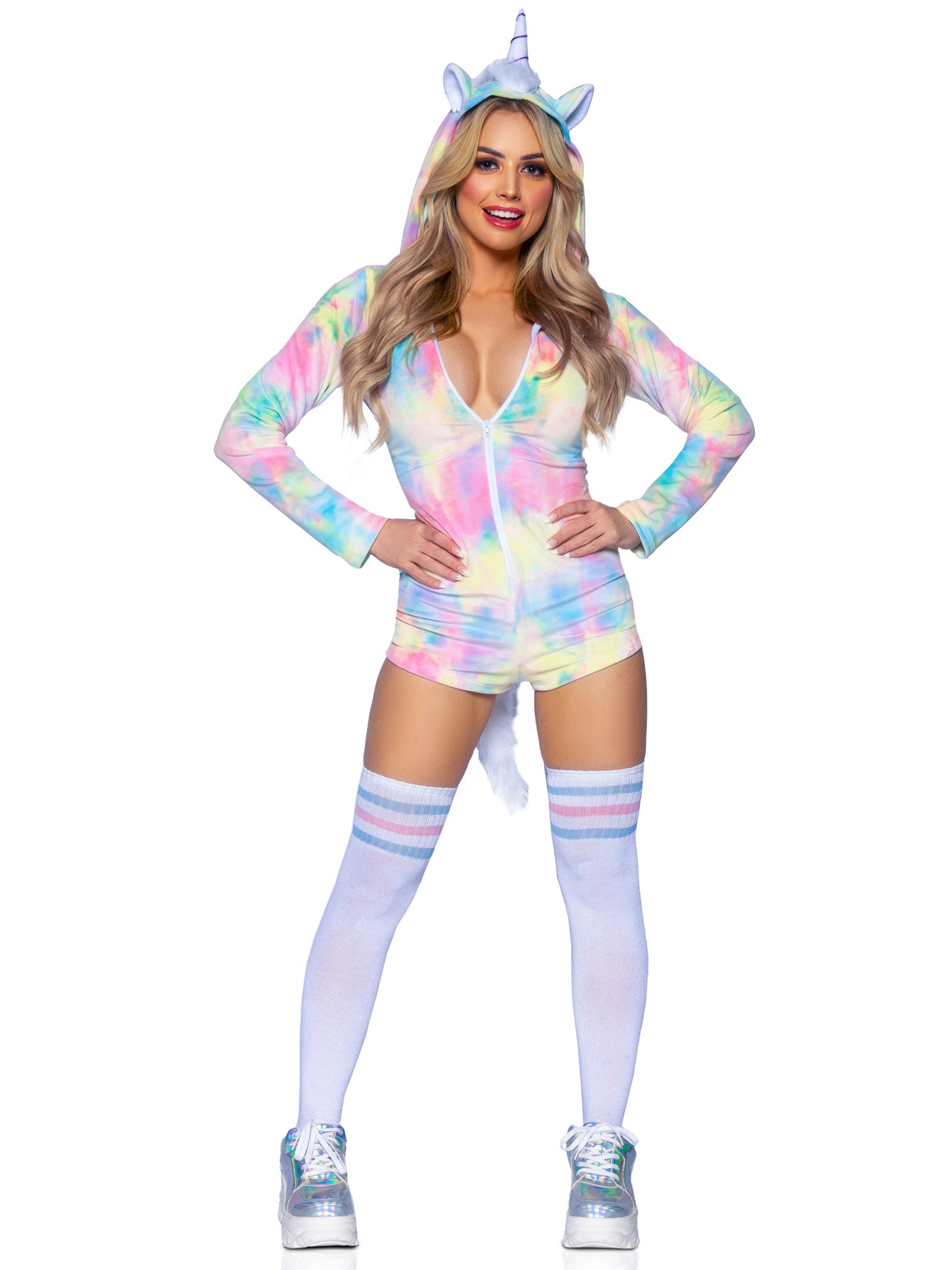 Comfy Unicorn, features ultra-soft velvet plush zip up rainbow tie-dye romper with horn hood, furry main and tail, and magical m