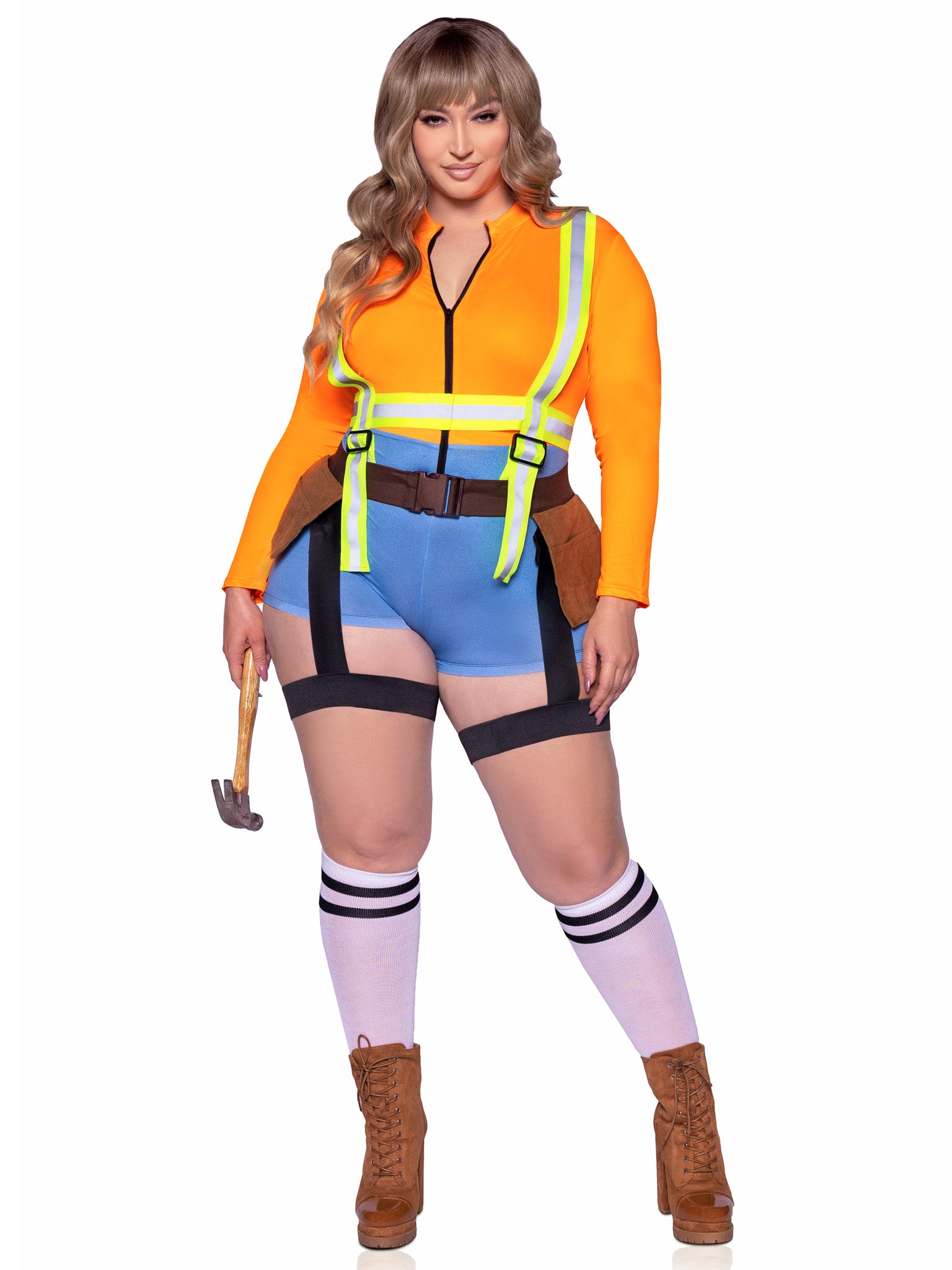 2 PC Nailed It Construction Worker, includes zip up romper and reflective garter harness with tool pockets.