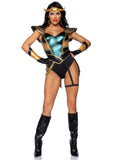 3 PC Trickster Goddess, includes lame snap crotch garter bodysuit with molded shoulder and stay up collar, gauntlet gloves, and 