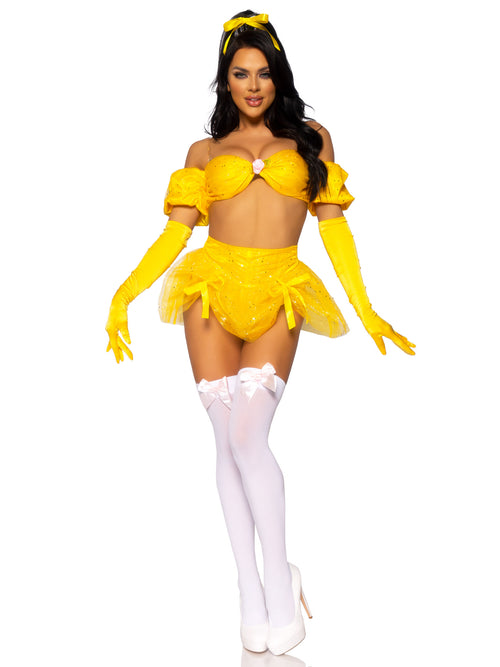 4 PC Fairytale Beauty, includes glitter shimmer bra top with gathered rosette center and puff sleeves, high waist panty with rib