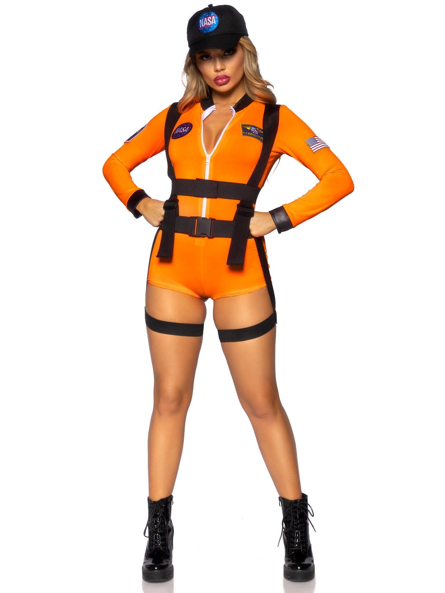3 PC Space Commander, includes zip-up romper with badge accents, garter harness, and matching hat.