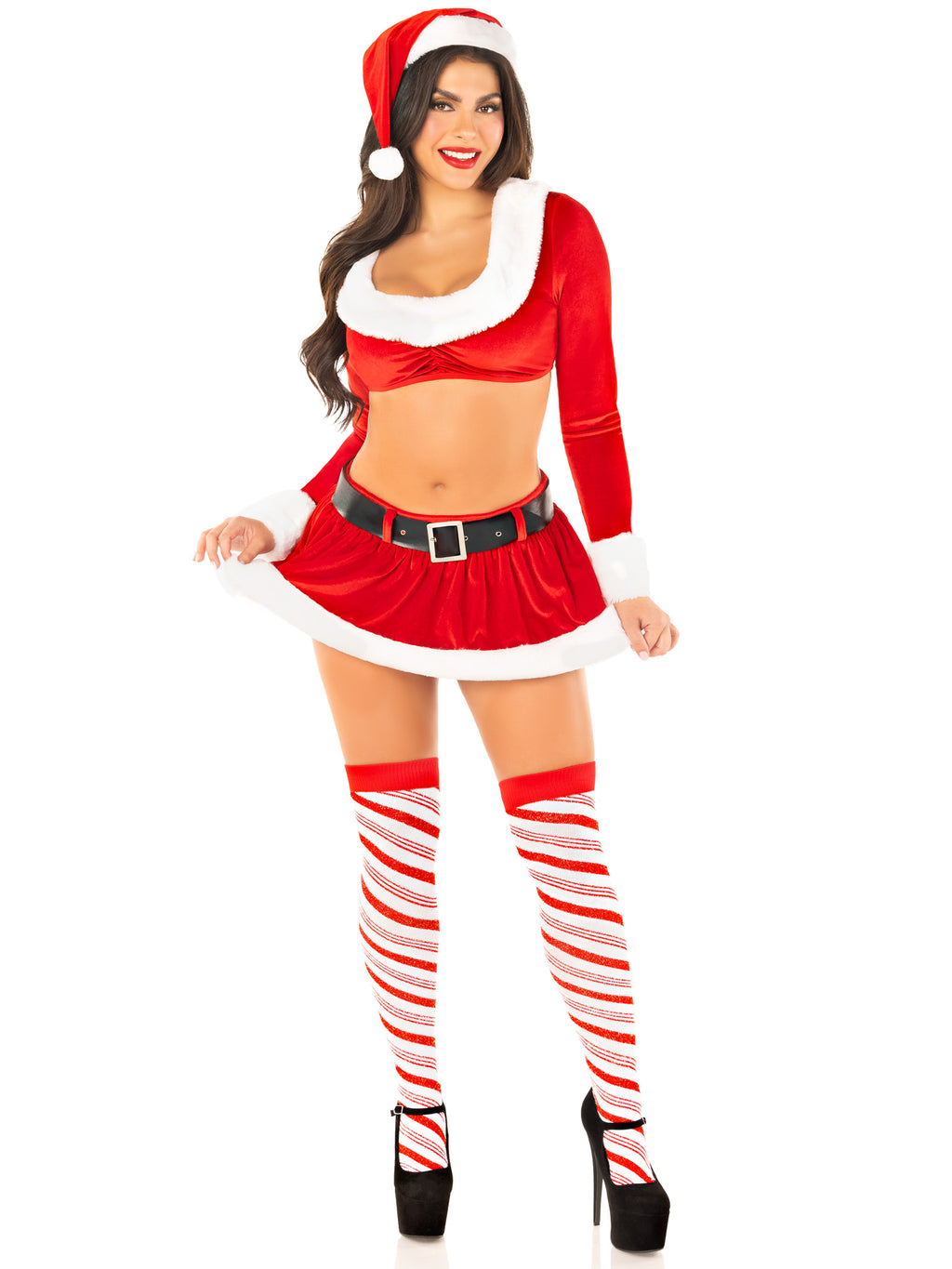 4 PC Hoho Hottie, Includes Velvet Crop Top with Faux Fur Trim, Mini Skirt, Belt, and Santa Hat