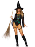 2 PC Broomstick Babe, includes bodysuit with lace up deep-v and waist cincher buckle accent, attached garters, and witch hat.