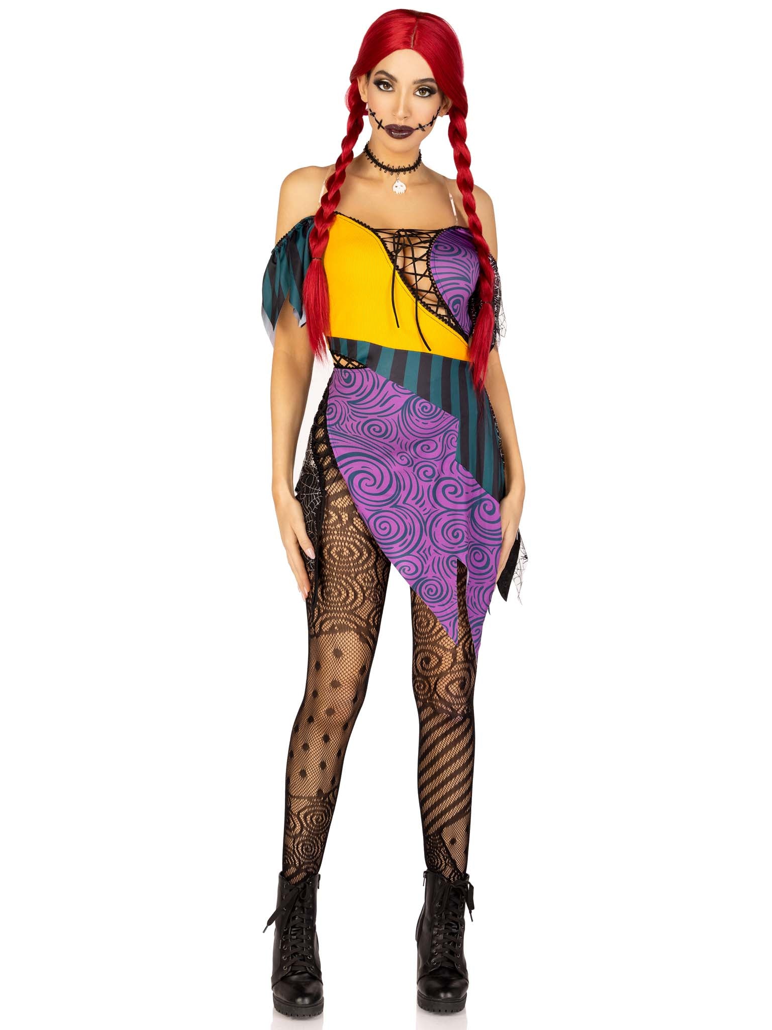 3 PC Darling Rag Doll, includes patchwork dress with adjustable lace ups and tattered skirt, detachable clear straps, and skull 