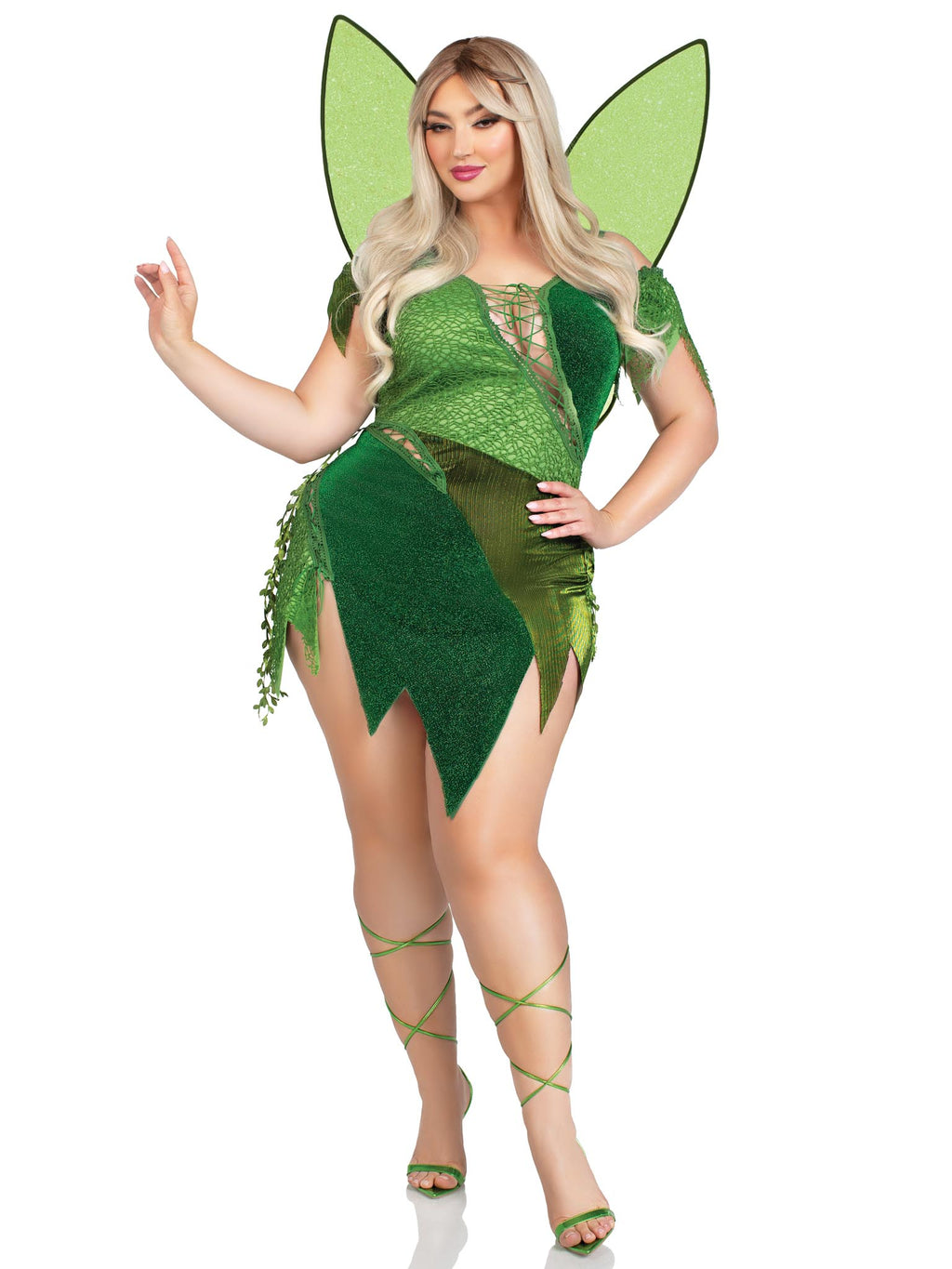 2 PC Forest Fairy, includes patchwork dress with adjustable lace ups and tattered skirt, leaf accents, and shimmer fairy wings.