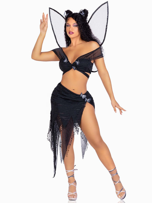 4 PC Dark Fairy, includes wrap around crop top with butterfly accents, asymmetrical skirt with distressed net overlay, butterfly
