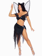 4 PC Dark Fairy, includes wrap around crop top with butterfly accents, asymmetrical skirt with distressed net overlay, butterfly
